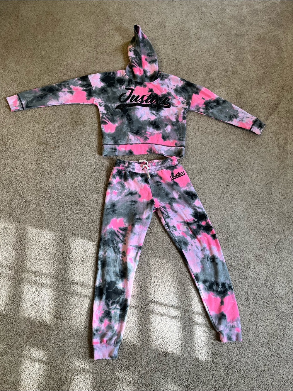 Justice Pink Black Gray Tie-Dye Hoodie & Joggers Set